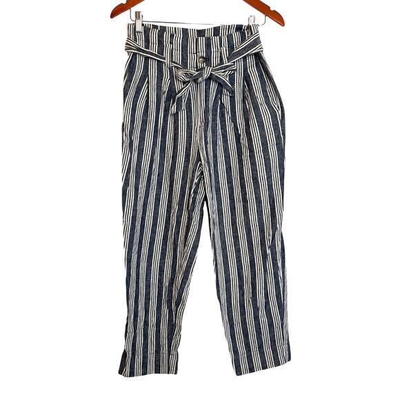 Madewell Linen Cotton Striped Paper Bag Tie Waist Barrel Leg Pants Size 2 Crop - Picture 1 of 7